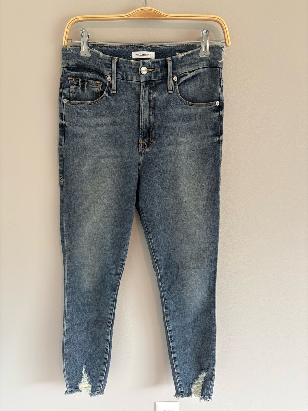 Good American Good Waist Crop - Distressed Skinny Jeans - Medium Wash Blue